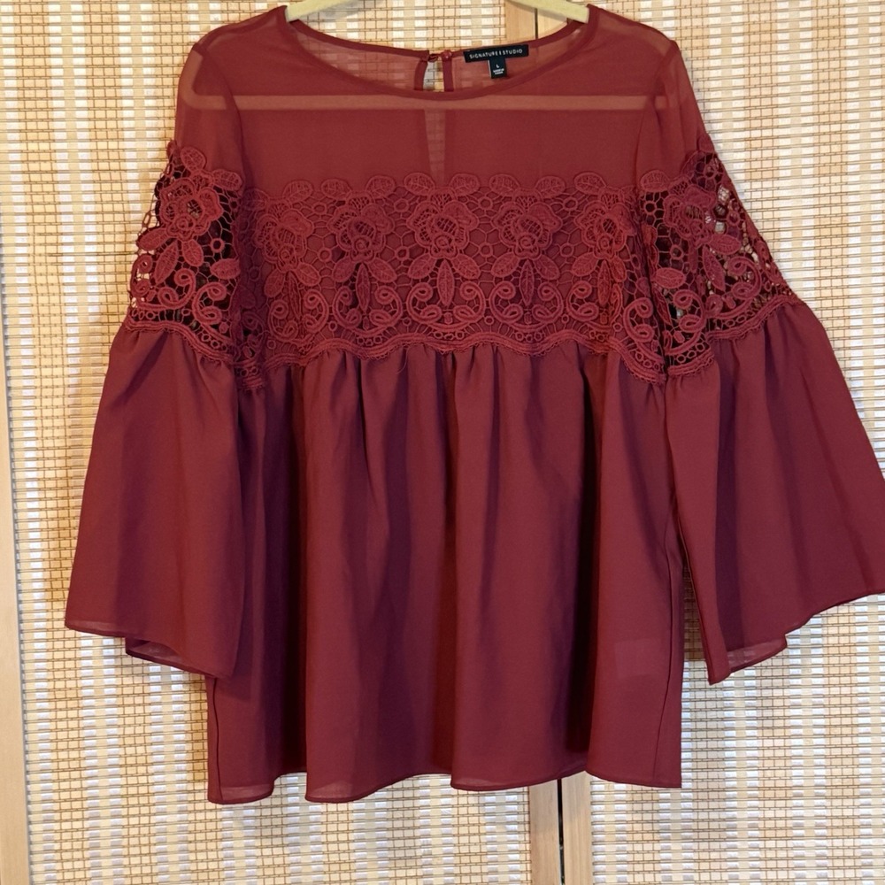 Signature Studio Womens L Top‎ Burgundy Lace Peplum Boho Lagenlook Whimsical